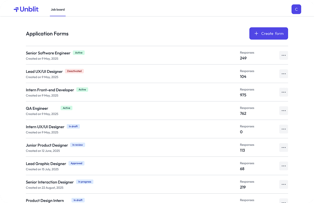 Dashboard job listings